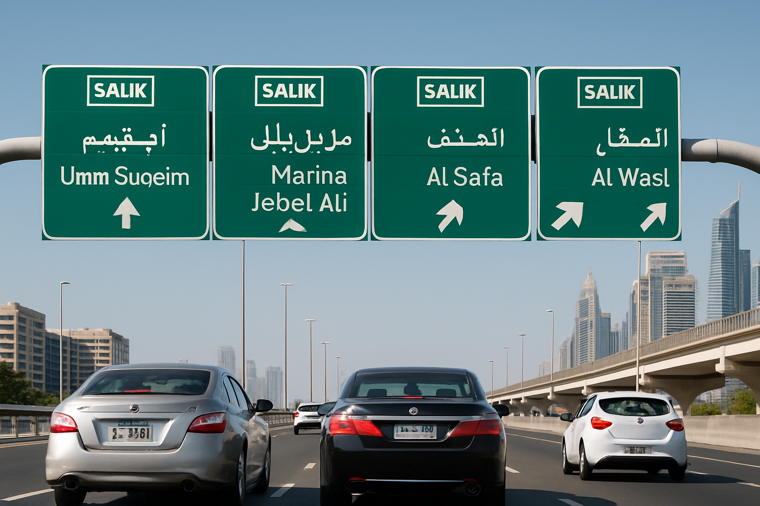 Motorists using Dubai toll roads with clear road signage