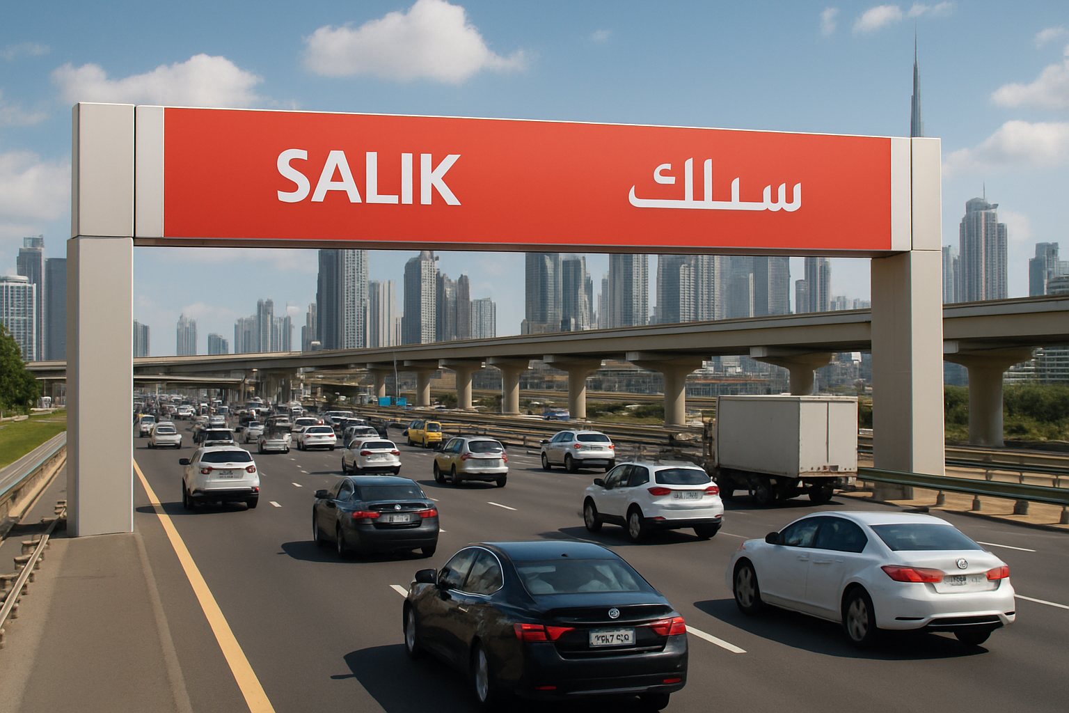 Salik electronic toll gate on a busy Dubai highway